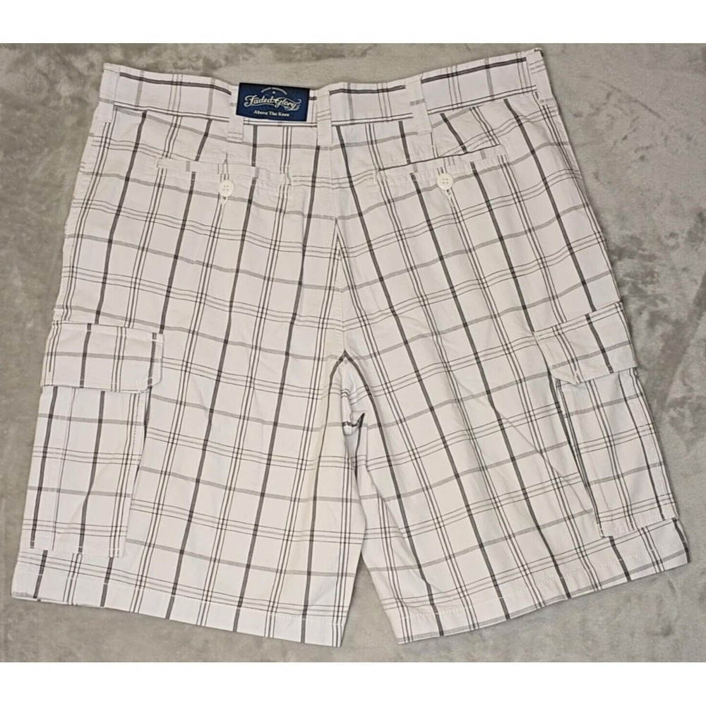 NWT Faded Glory Mens Cargo Shorts 38 White Plaid Above The Knee Cotton Dadcore